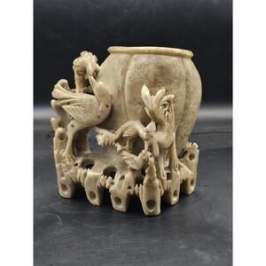 Vintage Chinese Soapstone Vase Hand Carved Baby Birds Light Green 5in SIGNED